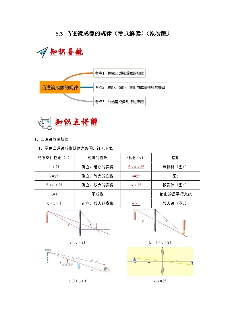 人教版物理八年级上册同步讲义+专题训练5.3 凸透镜成像的规律（考点解读）（学生版）第1页
