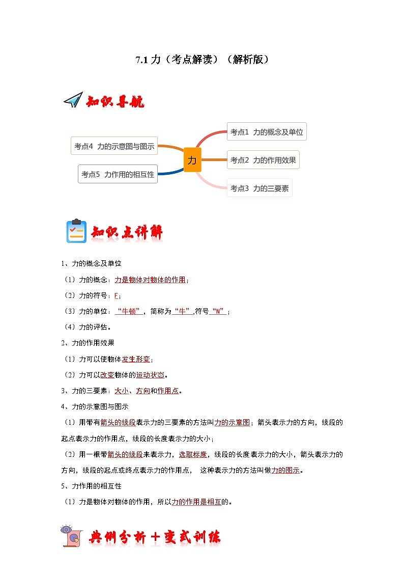 人教版物理八年级下册同步讲义+专题训练7.1力（考点解读）（解析版）第1页
