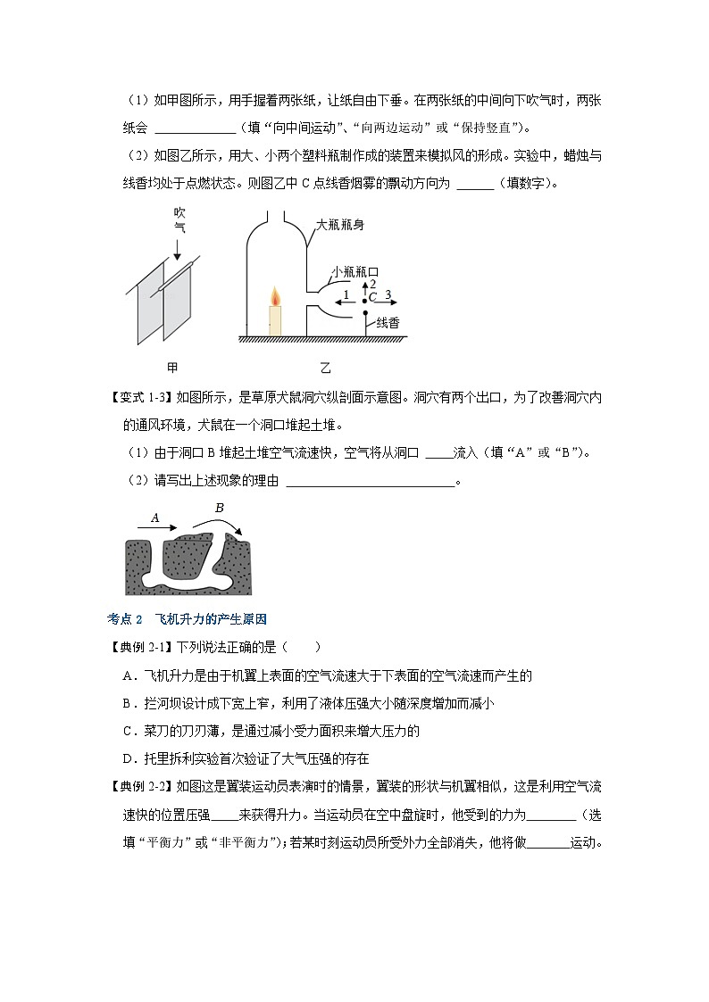 人教版物理八年级下册同步讲义+专题训练9.4 流体压强与流速的关系（考点解读）（原卷版）第3页