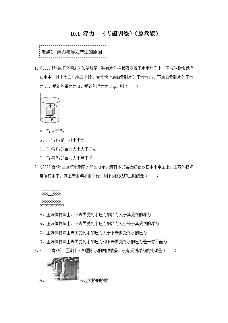 人教版物理八年级下册同步讲义+专题训练10.1 浮力（专题训练）（原卷版）第1页