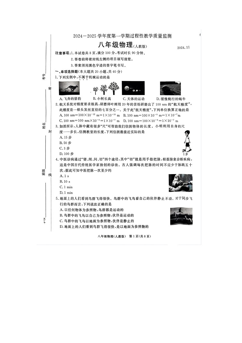 河北省廊坊市霸州市2024-2025学年八年级上学期11月期中物理试题第1页