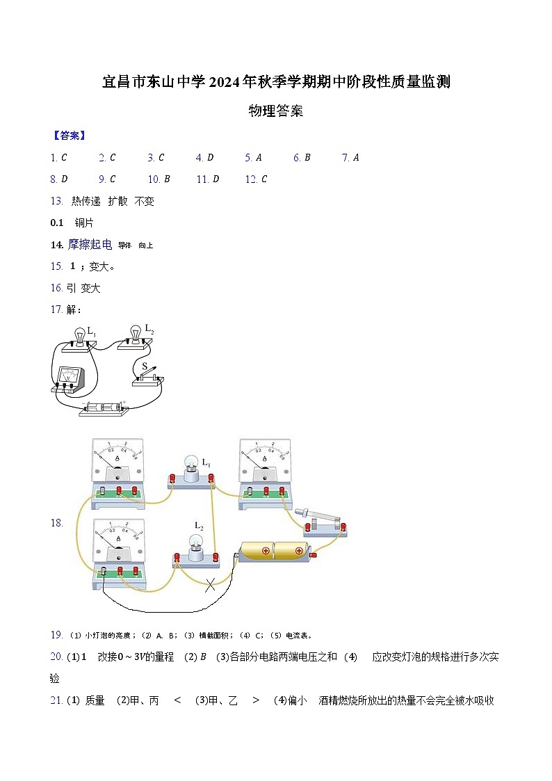 宜昌市东山中学2024年秋季学期期中阶段性质量监测物理答案第1页
