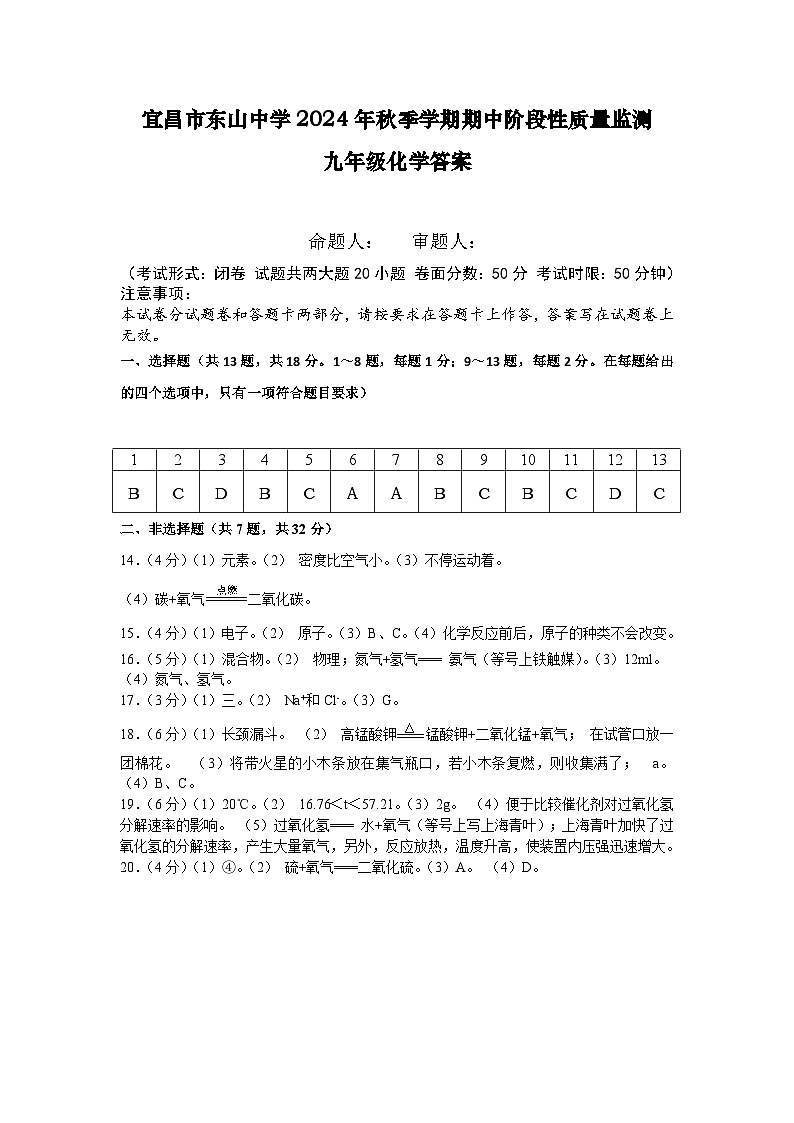 宜昌市东山中学2024年秋季学期期中阶段性质量监测化学答案第1页