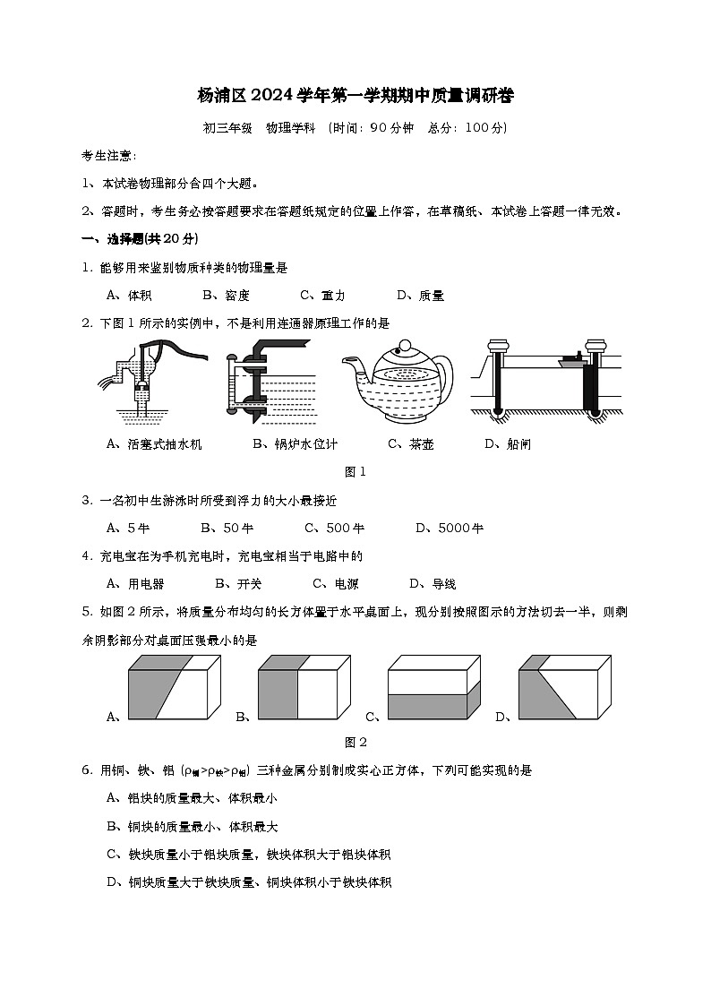 上海市杨浦区2024学年第一学期期中考试初三物理试卷-学生版第1页