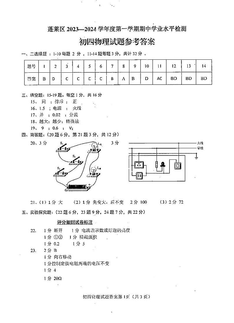 山东省烟台市蓬莱区（五四学制）2024-2025学年九年级上学期期中考试物理试题01