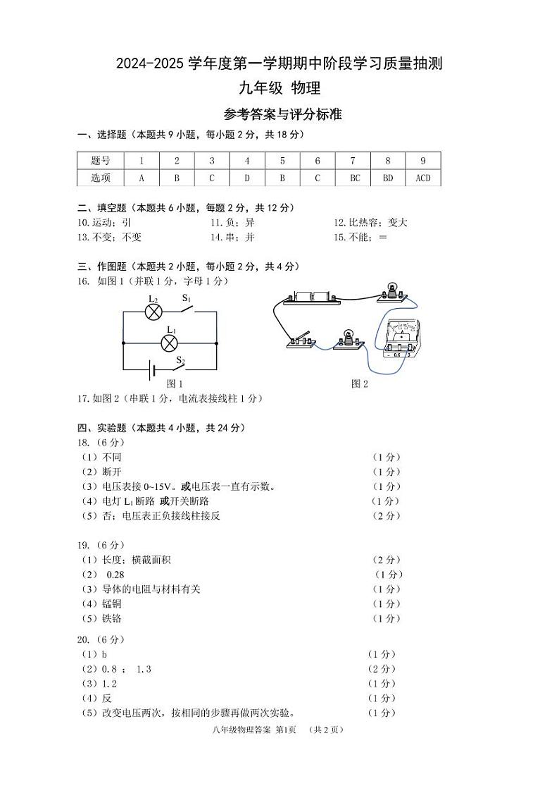 辽宁省大连市甘井子区2024-2025学年九年级上学期期中考试物理试卷01