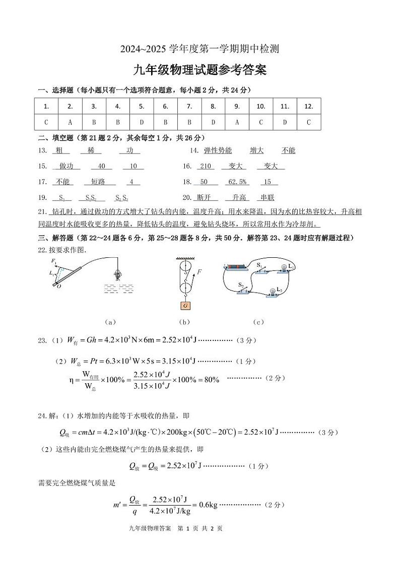 江苏省徐州市2024-2025学年九年级上学期期中检测物理试卷答案第1页