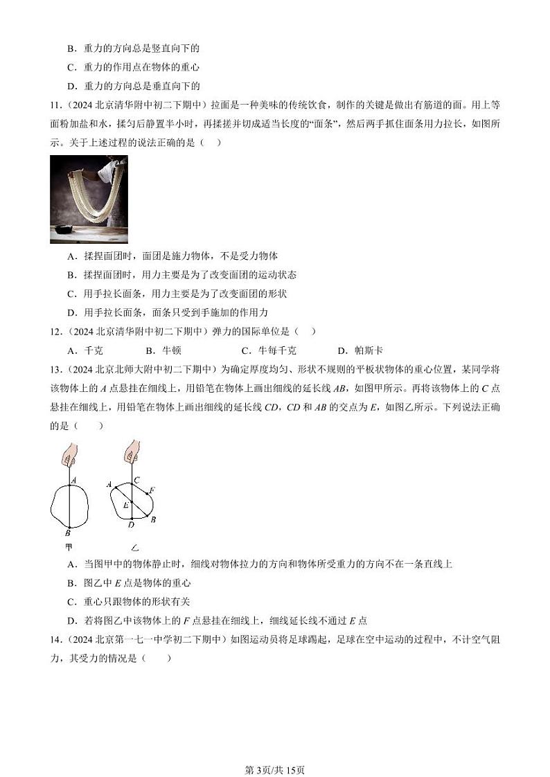 2024北京重点校初二（下）期中真题物理汇编：力章节综合（选择题）第3页