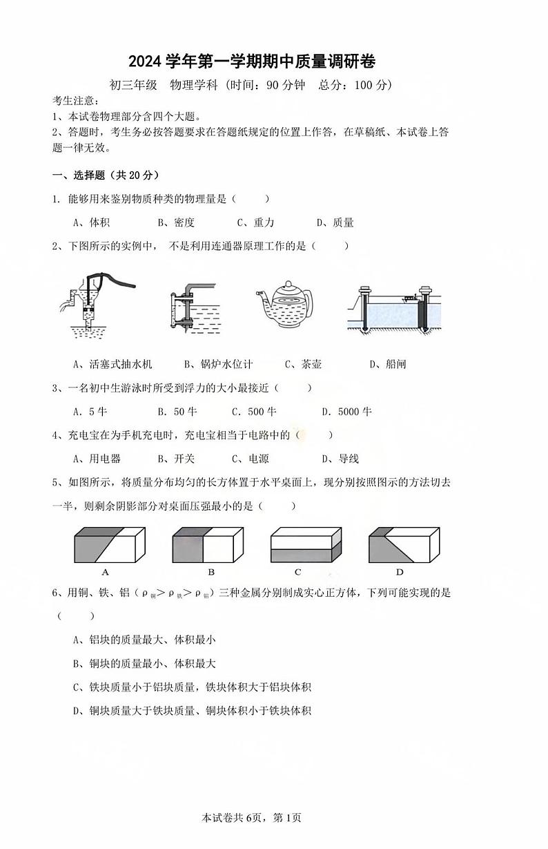 上海市杨浦区2024-2025学年九年级上学期期中考试物理试卷第1页