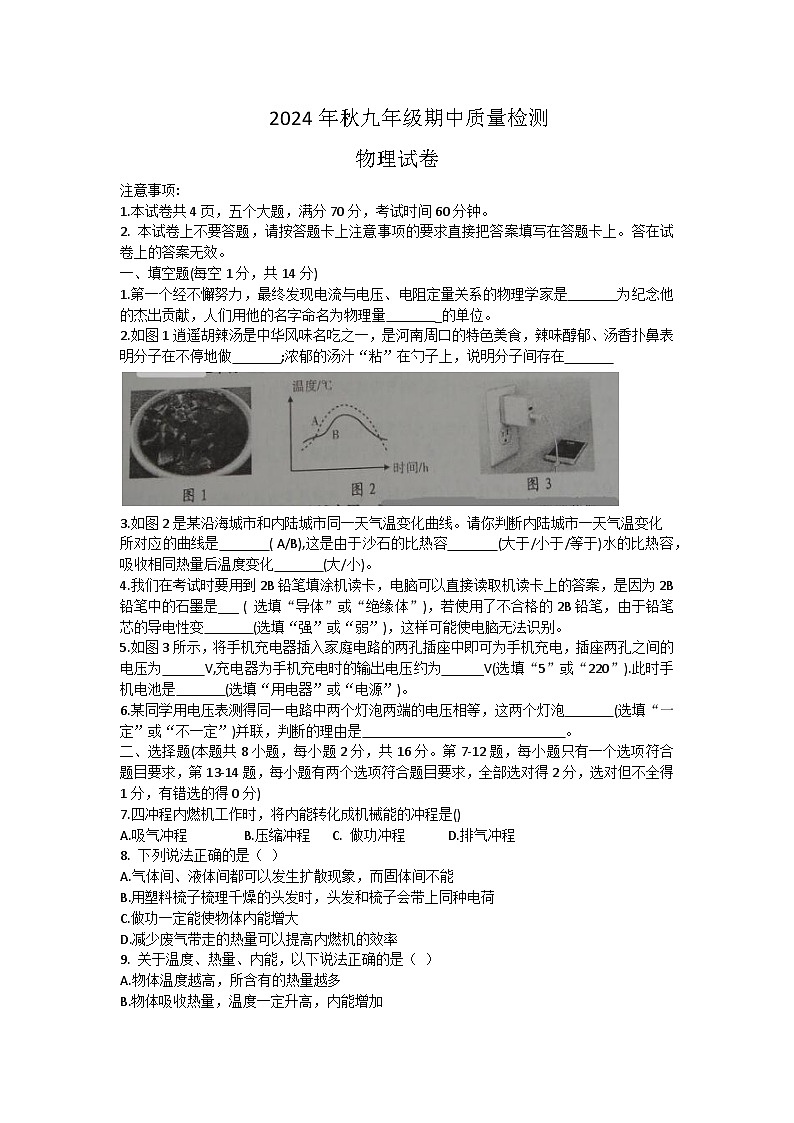 河南省商丘市柘城县2024-2025学年九年级上学期11月期中物理试题01