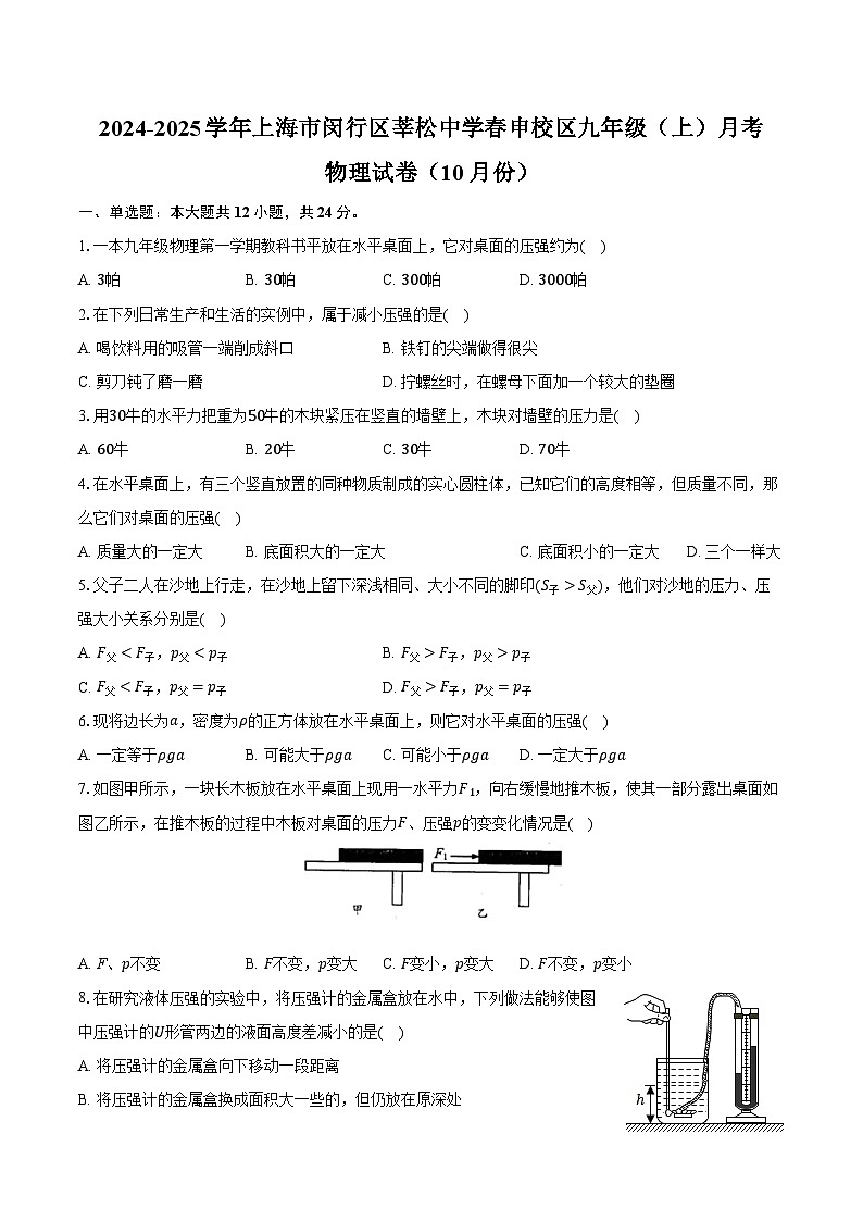 2024-2025学年上海市闵行区莘松中学春申校区九年级（上）月考物理试卷（10月份）（含答案）第1页
