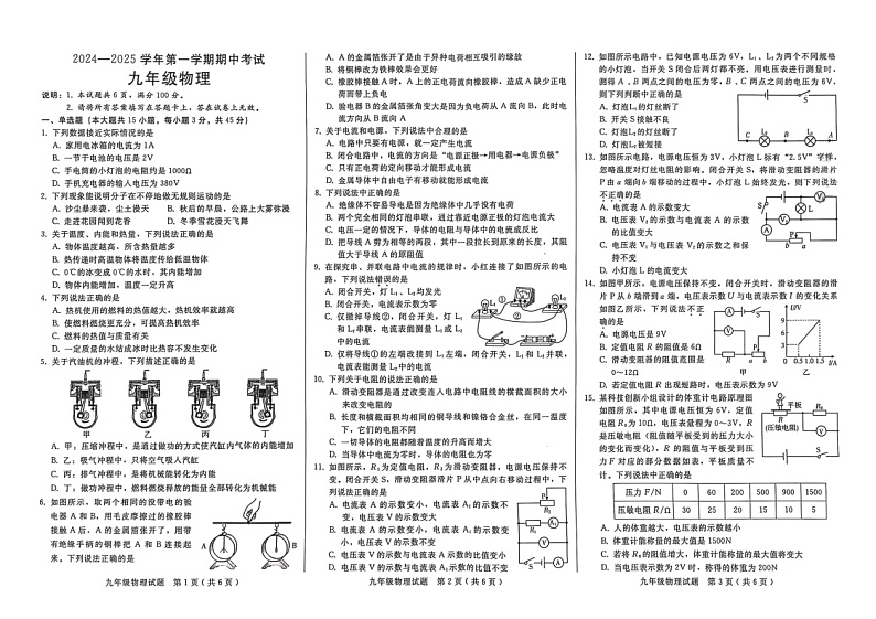 2024-2025河北邢台九年级上物理第1页