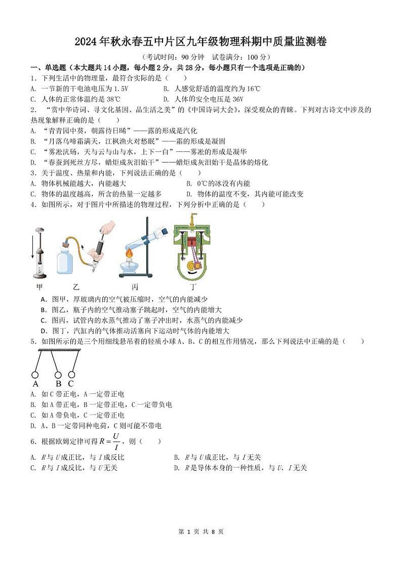 2024年秋永春五中片区九年级物理科期中质量监测卷第1页