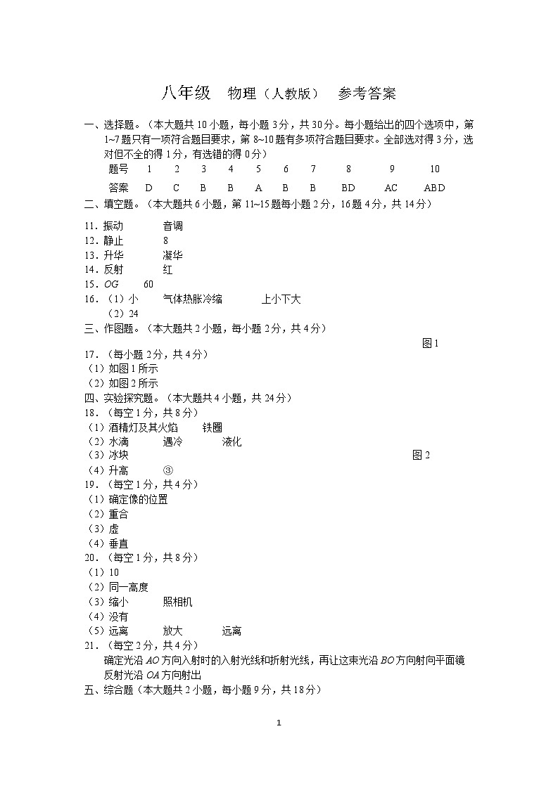 云南省曲靖市宣威市2024-2025学年上学期期中考试八年级物理试题卷参考答案第1页