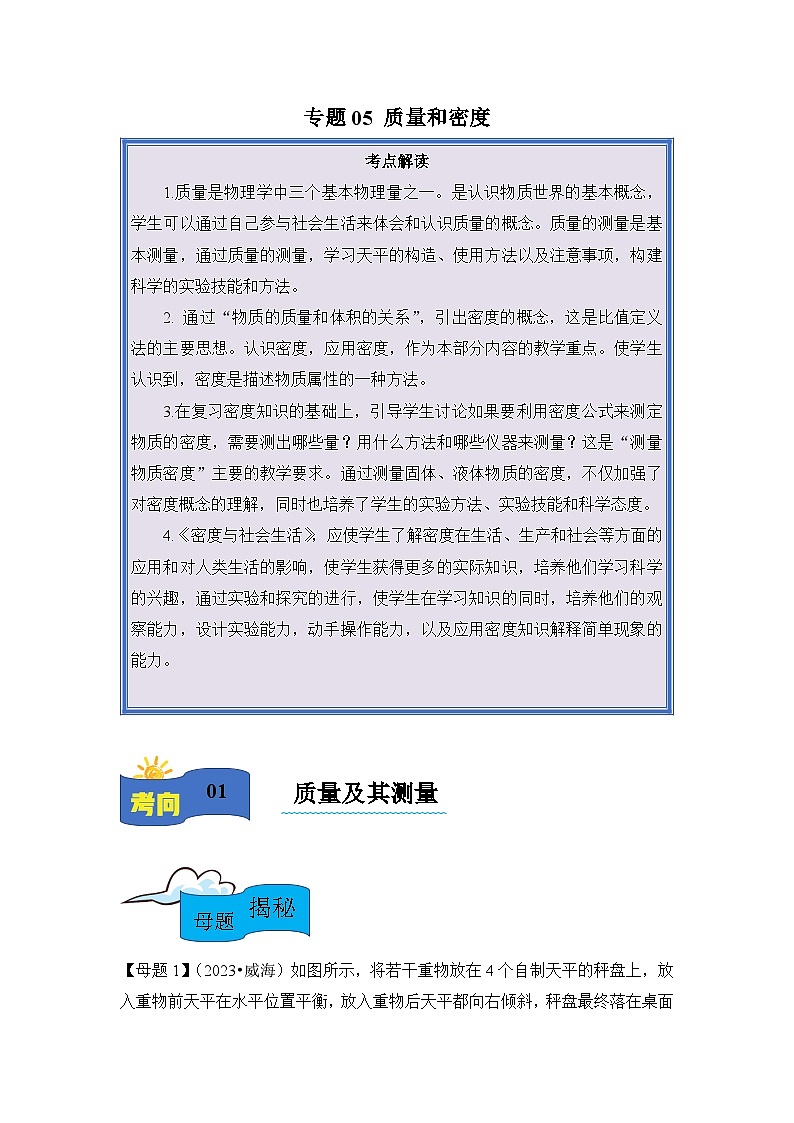 2024年中考物理母题解密专题05 质量和密度讲义（附答案）第1页