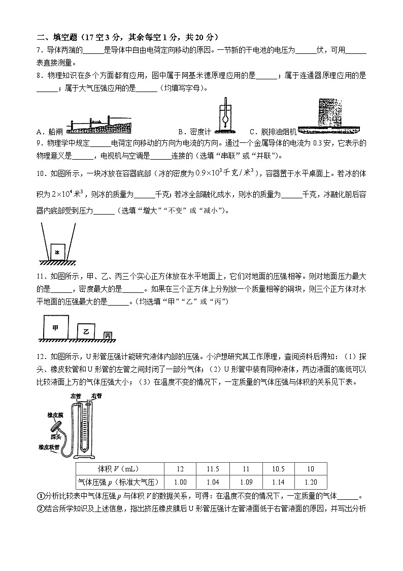 上海市浦东模范学校2024-2025学年九年级上学期期中物理卷(无答案)02