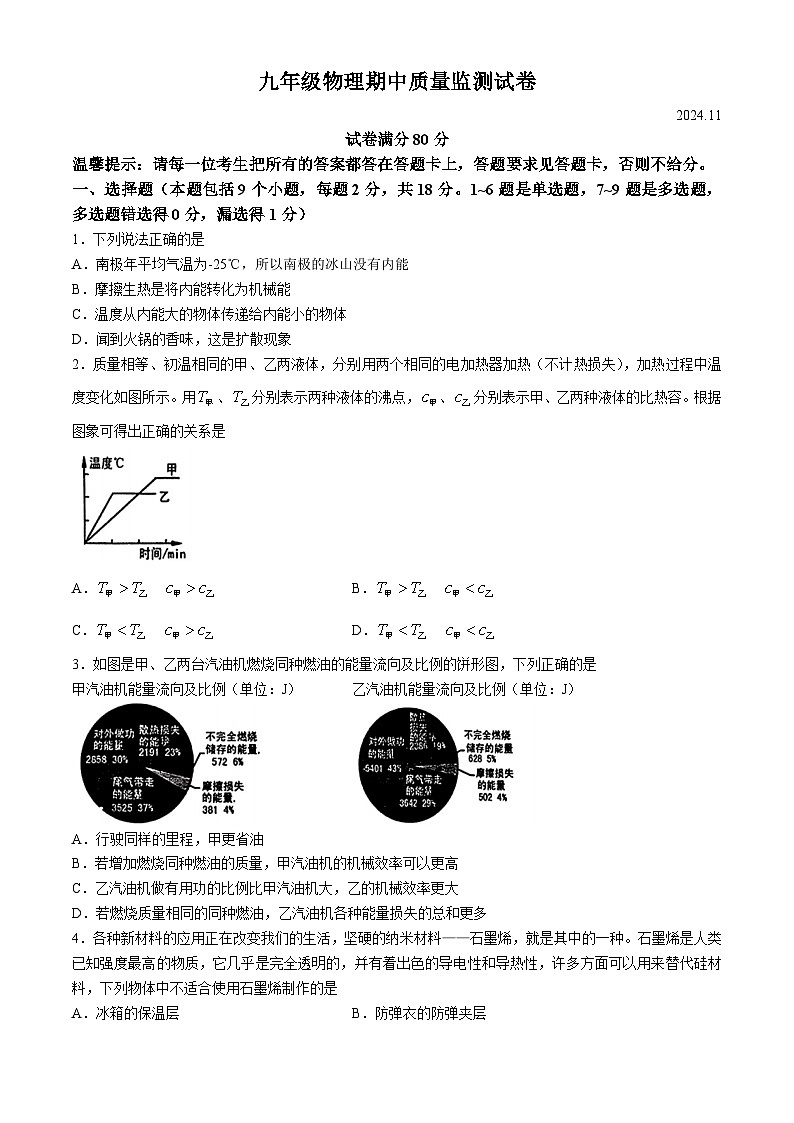 辽宁省鞍山市立山区2024-2025学年上学期九年级期中物理试题第1页