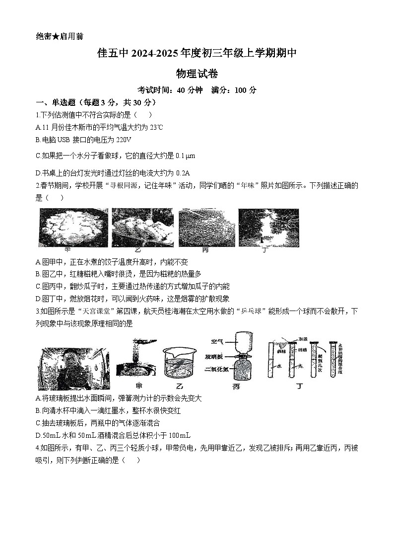 黑龙江省佳木斯市2024-2025学年九年级上学期11月期中物理试题(无答案)第1页