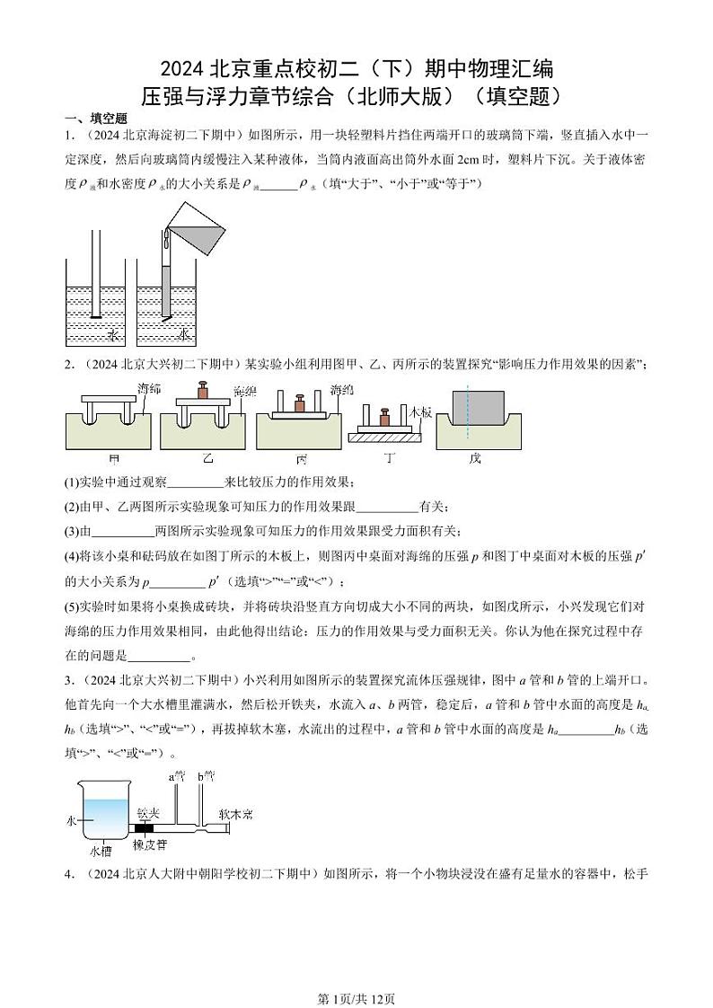 2024北京重点校初二（下）期中真题物理汇编：压强与浮力章节综合（北师大版）（填空题）第1页