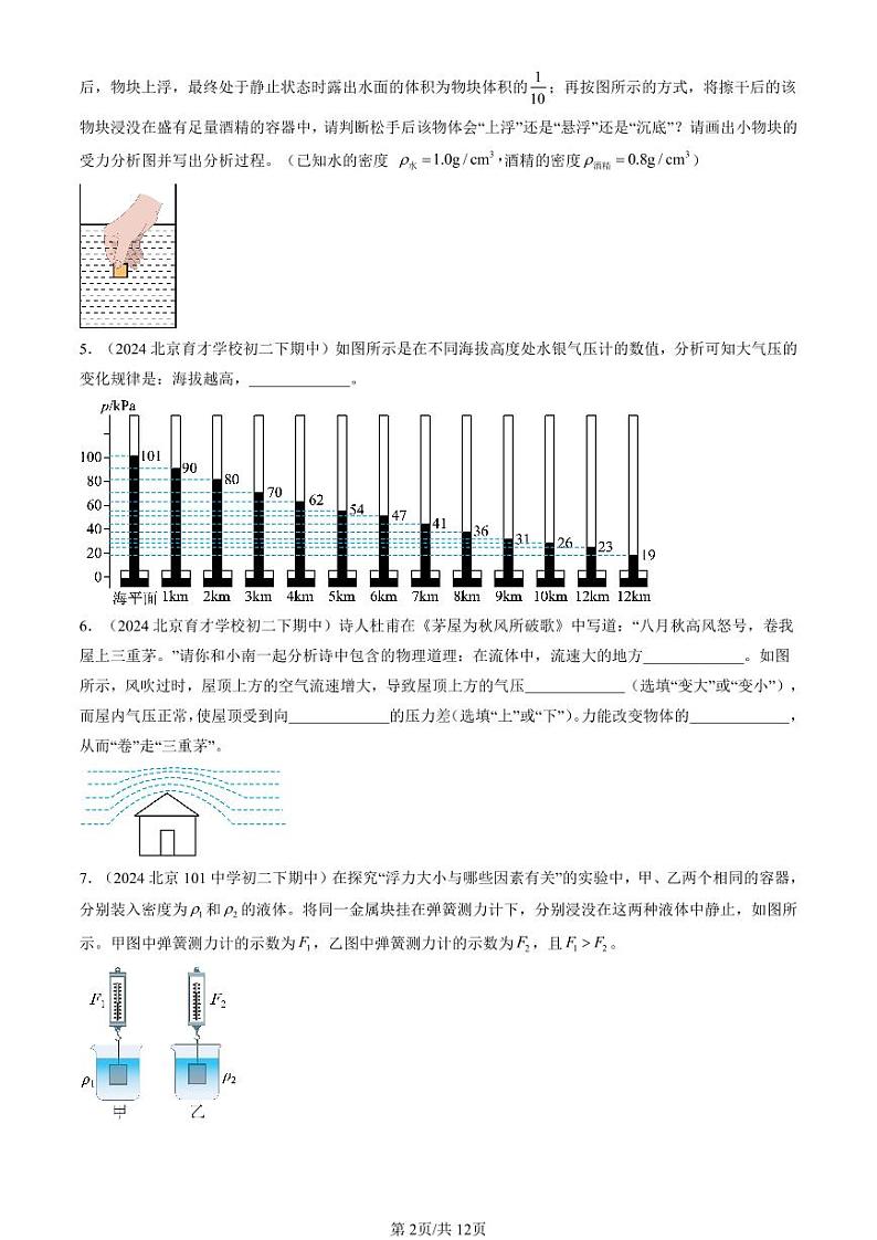 2024北京重点校初二（下）期中真题物理汇编：压强与浮力章节综合（北师大版）（填空题）第2页