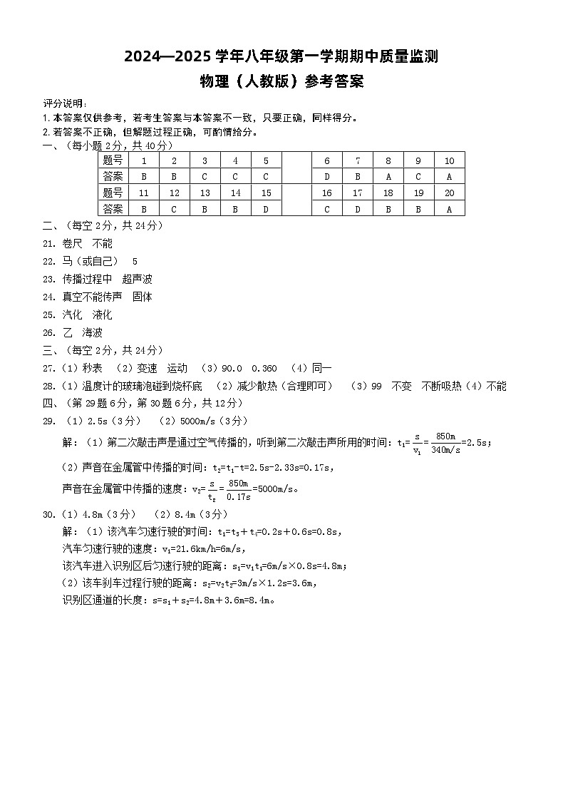 八年级物理（人教版）答案第1页