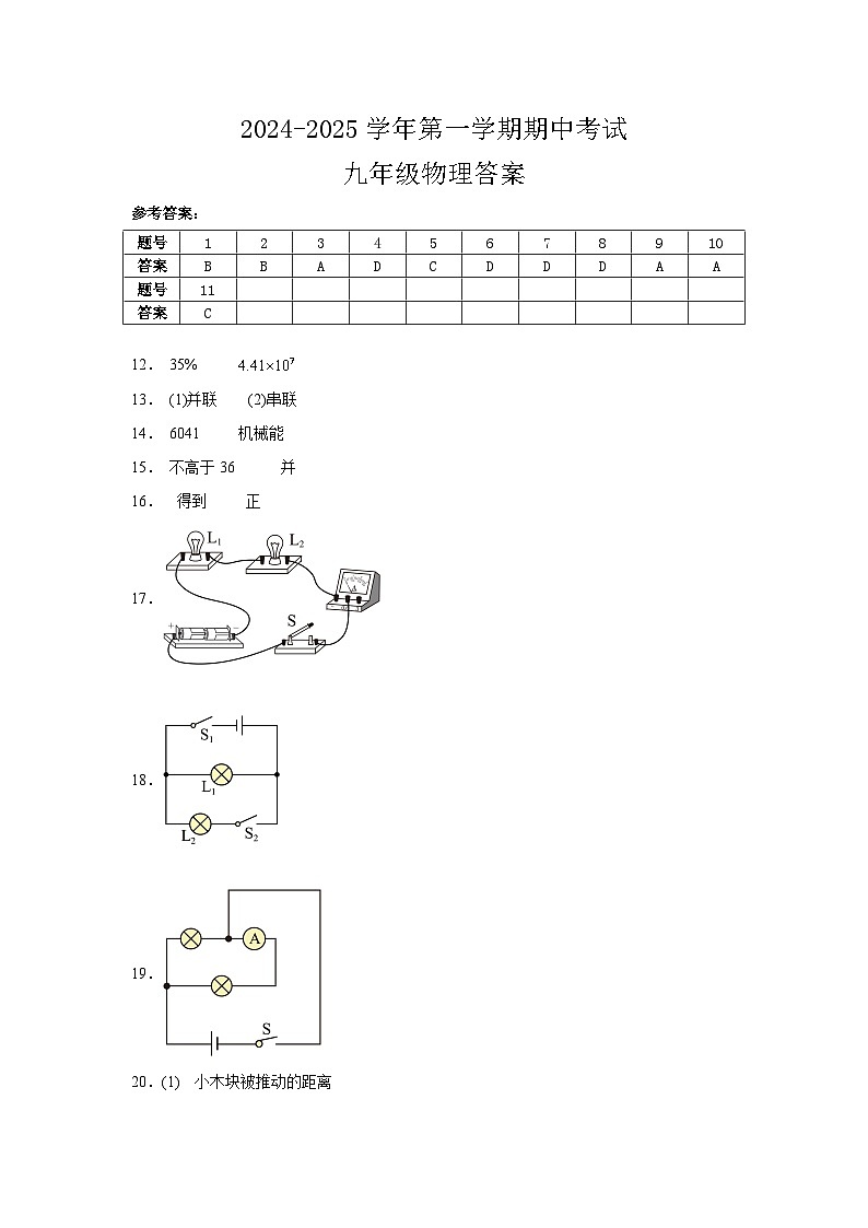 2024--2025-1期中考试 九年级物理答案第1页