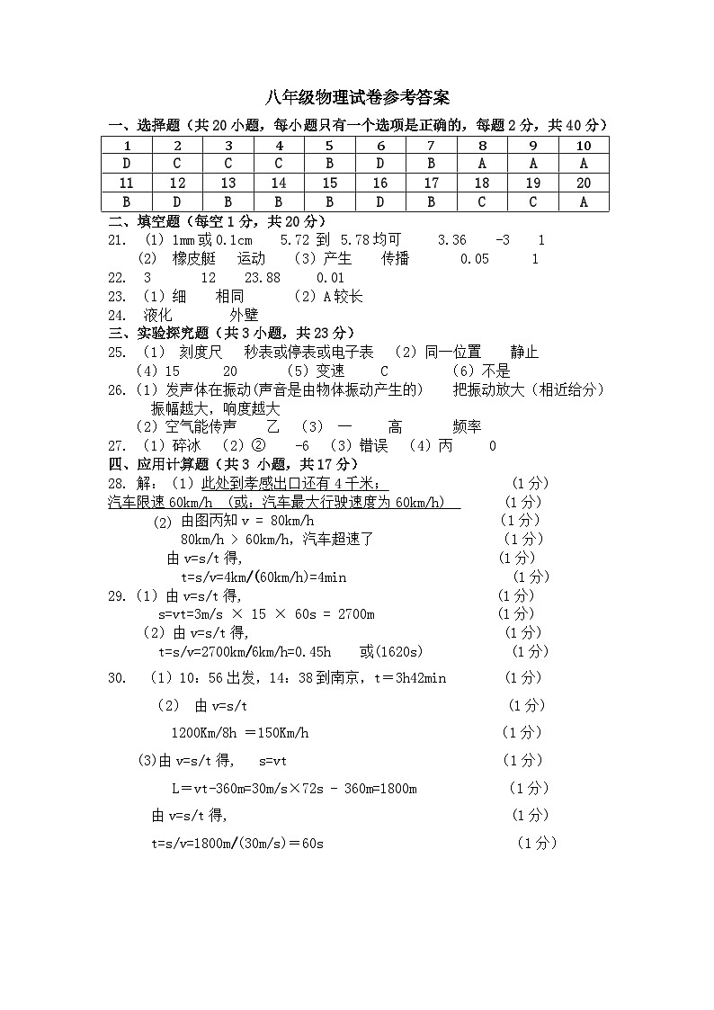八年级物理 - 参考答案第1页