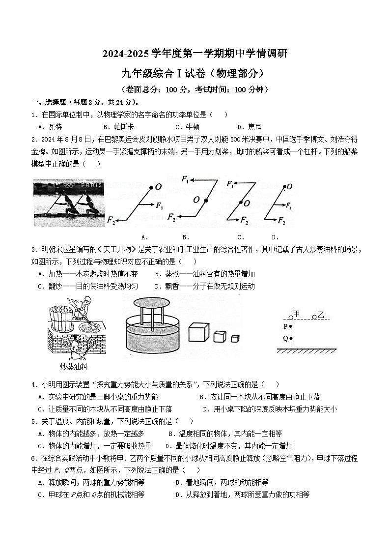 江苏省盐城市大丰区2024-2025学年九年级上学期11月期中物理试题01