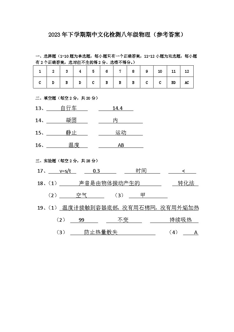 灰汤 2024年下学期期中文化检测八年级物理-参考答案第1页
