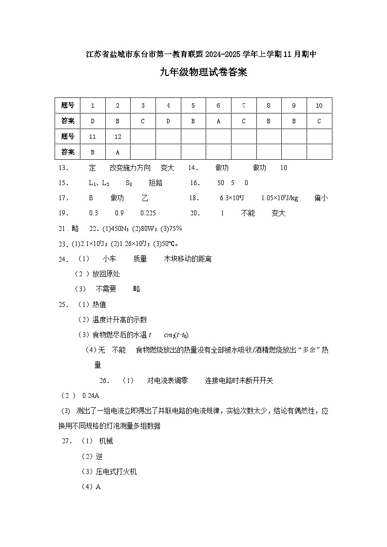 江苏省盐城市东台市第一教育联盟2024-2025学年九年级上学期11月期中物理试题01