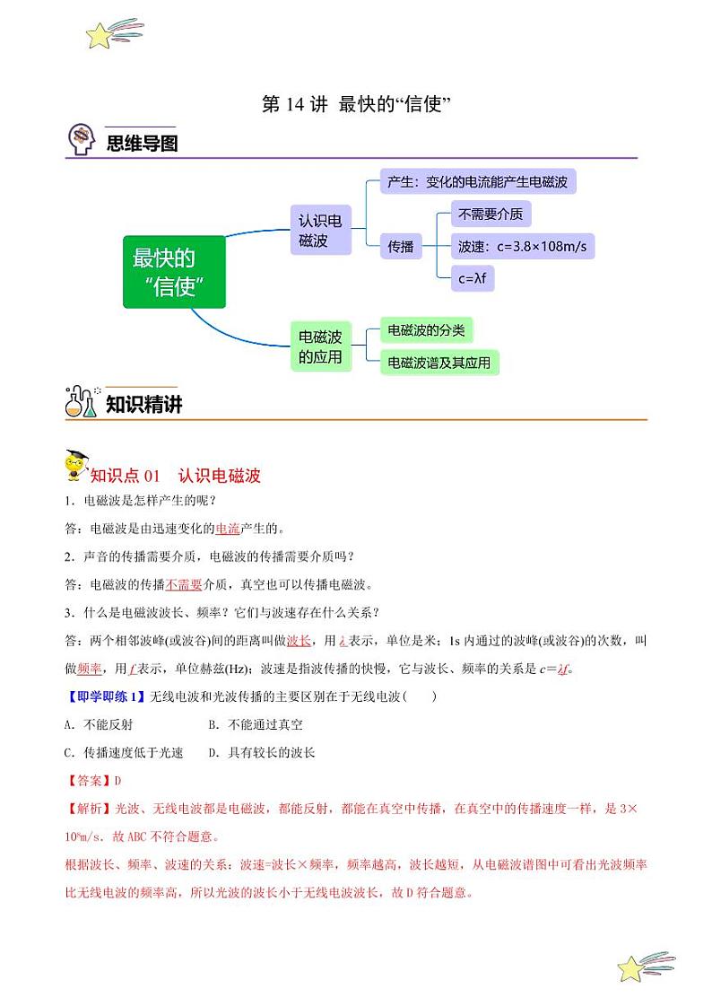 第14讲 最快的“信使”（教师版）- 2023-2024沪粤版物理九年级下册同步分层练习第1页