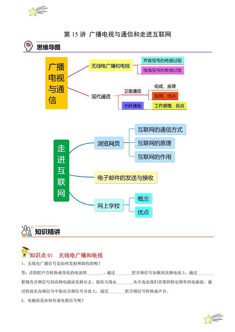 第15讲 广播电视与通信和走进互联网（含答案）- 2023-2024沪粤版物理九年级下册同步分层练习01