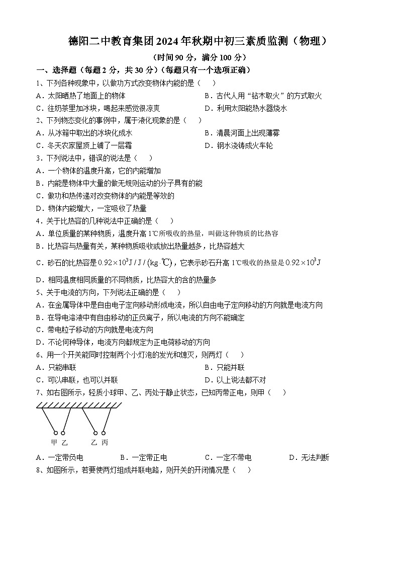 四川省德阳市第二中学2024-2025学年九年级上学期期中考试物理试题(无答案)第1页