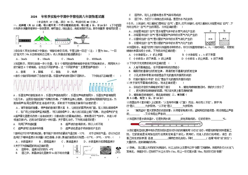 2024秋湖北省当阳市实验初级中学期中质量监测八年级物理试题人教版第1页