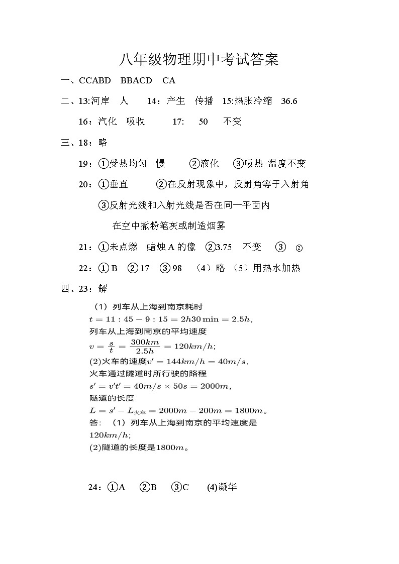 2024秋湖北省当阳市实验初级中学期中质量监测八年级物理（答案）人教版第1页