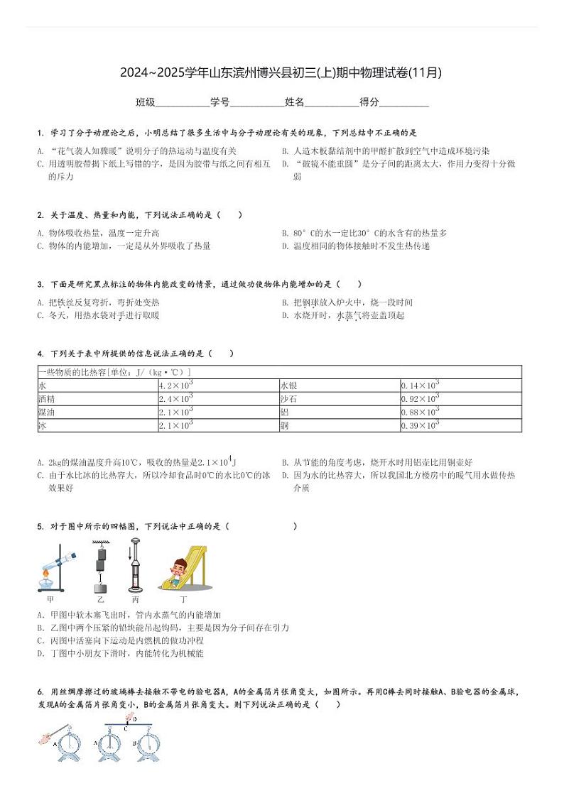 2024～2025学年山东滨州博兴县初三(上)期中物理试卷(11月)[原题+解析]第1页