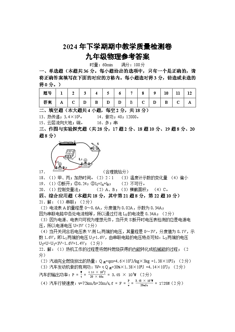 期中教学质量检测卷 九年级物理 参考答案第1页