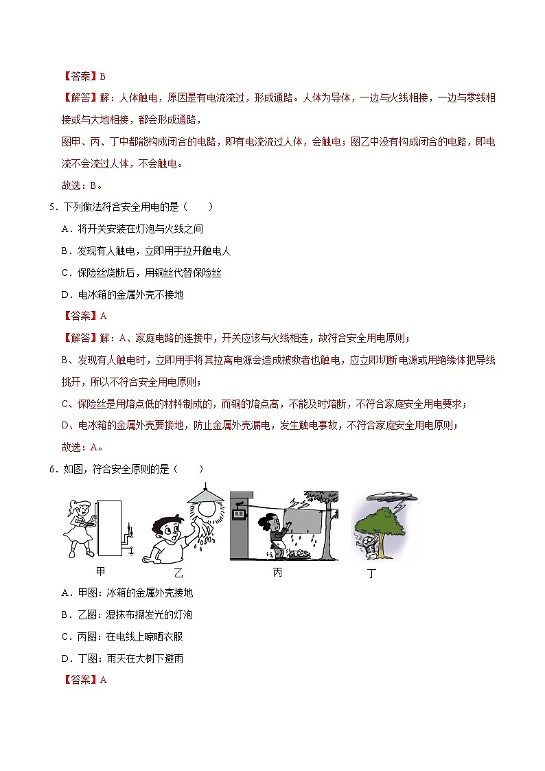 人教版物理九年级下册19.3安全用电 练习（原卷+解析卷）03