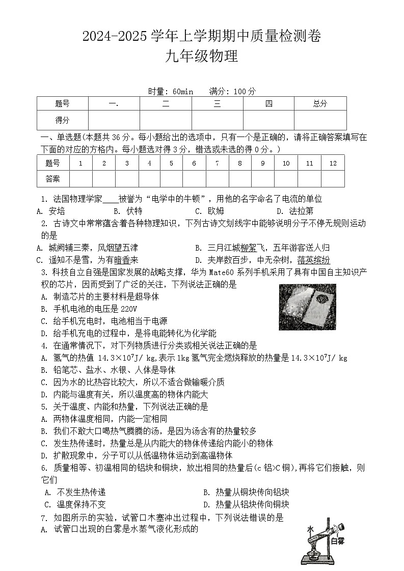 湖南省娄底市涟源市2024-2025学年九年级上学期11月期中物理试题第1页