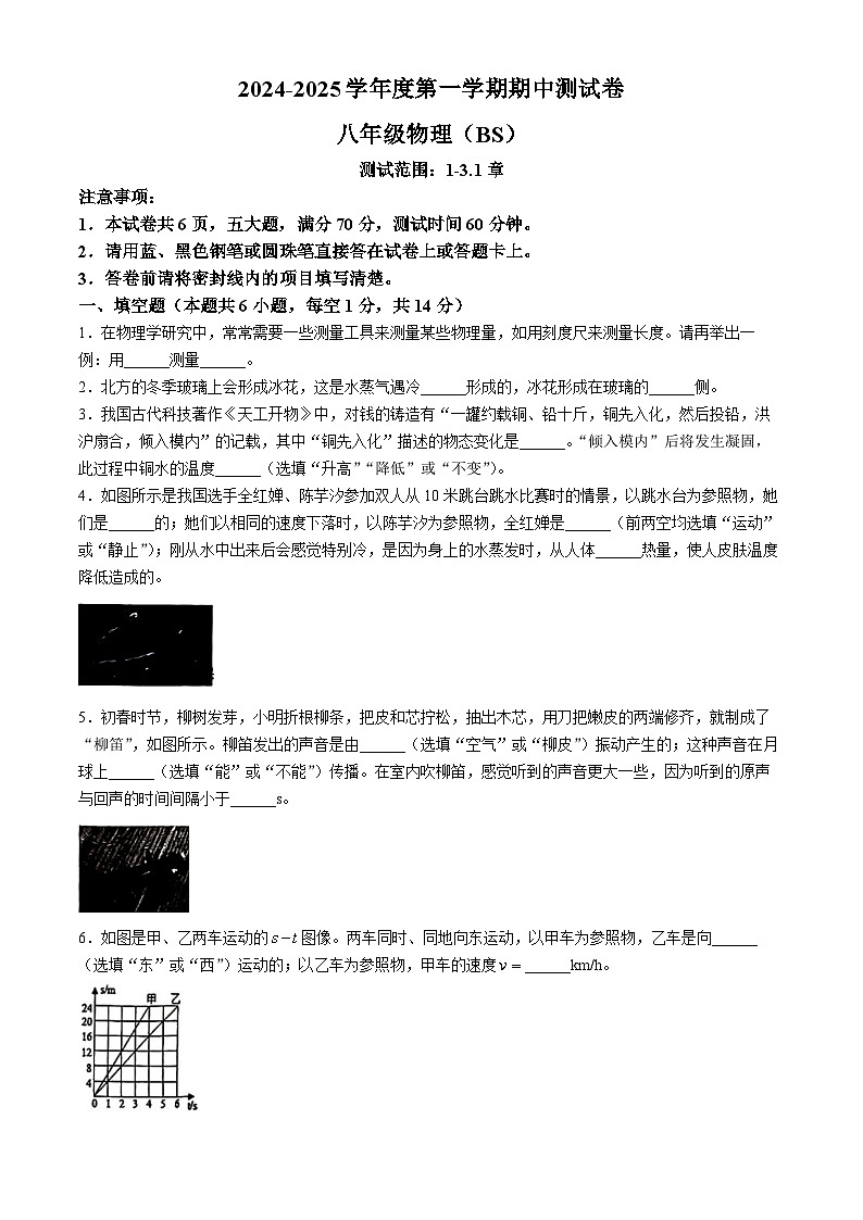 河南省新乡市卫辉市2024-2025学年八年级上学期11月期中物理试题(无答案)第1页