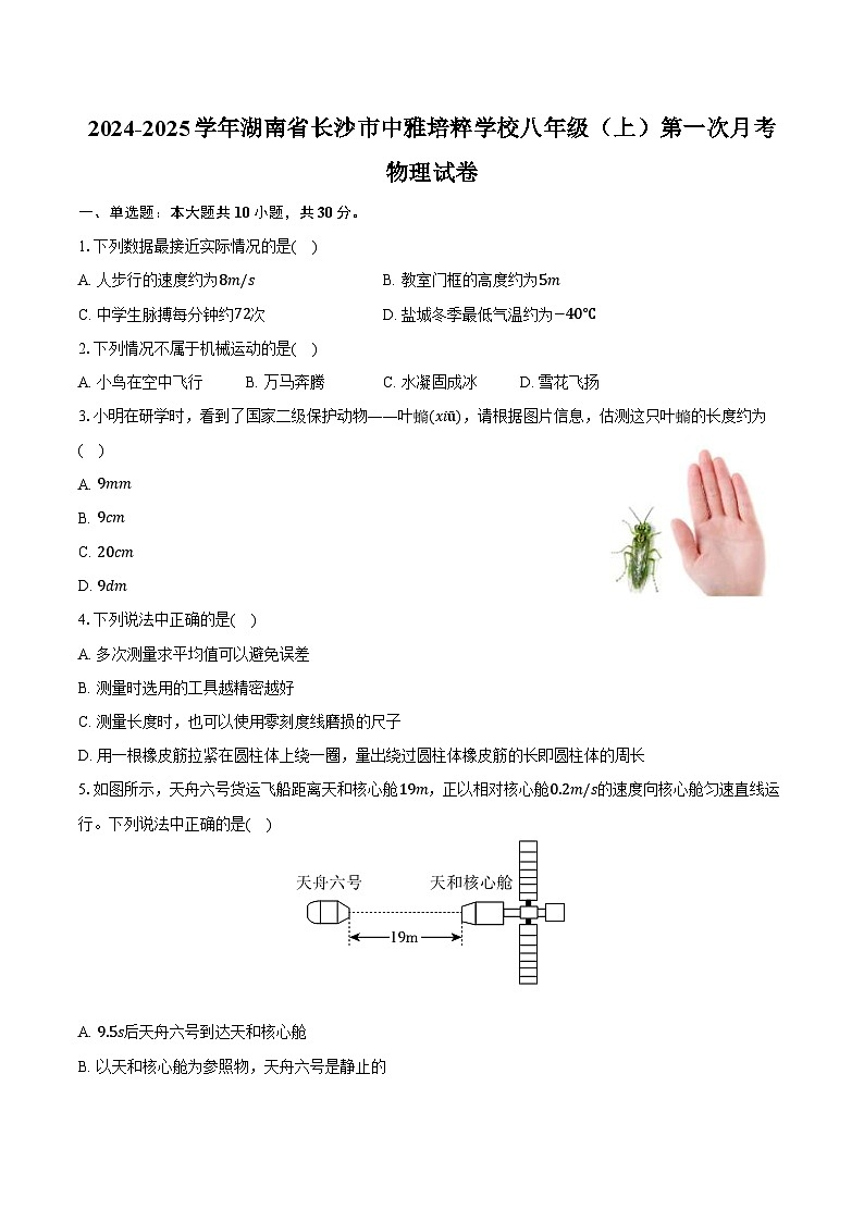 2024-2025学年湖南省长沙市中雅培粹学校八年级（上）第一次月考物理试卷（含答案）01