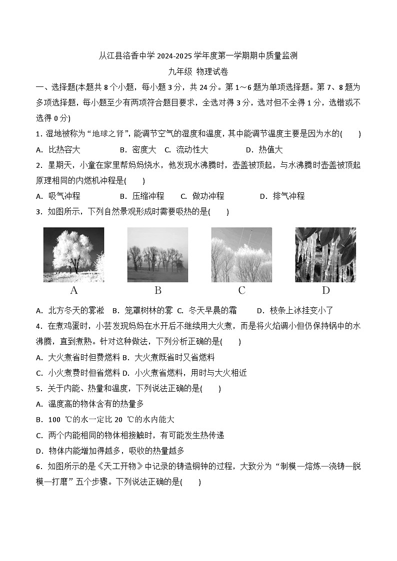 贵州省黔东南州从江县洛香中学2024-2025学年度九年级上学期期中质量监测物理试卷第1页
