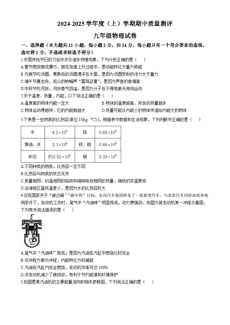 湖北省孝感市汉川市2024-2025学年九年级上学期11月期中物理试题(无答案)第1页