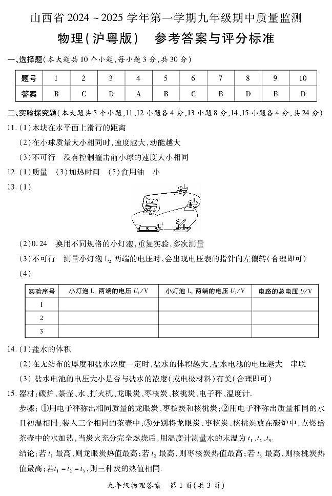 九年级期中卷-物理（沪粤版）参考答案第1页