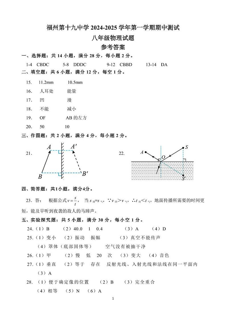 福州第十九中学2024-2025学年第一学期期中测试八年级物理试题参考答案第1页