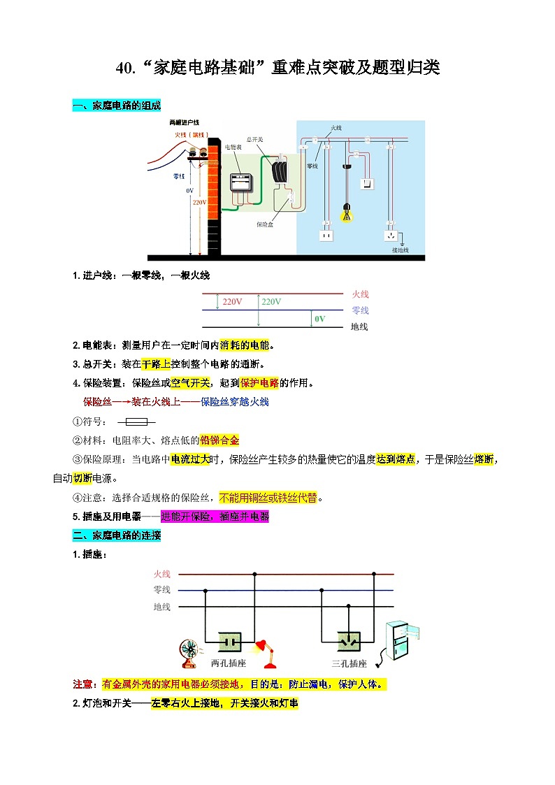 中考物理一轮复习重难点突破练习及题型归类40.“家庭电路基础”01
