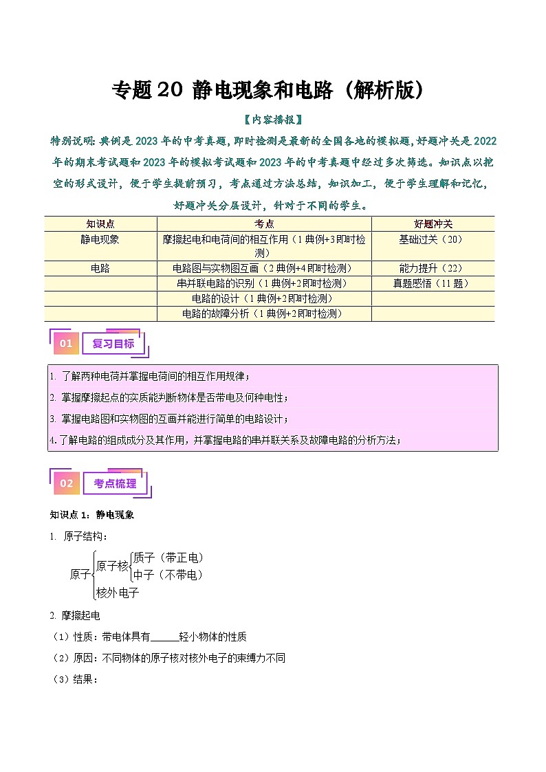 2025年中考物理一轮复习考点过关练习专题20  静电现象和电路（解析版）第1页