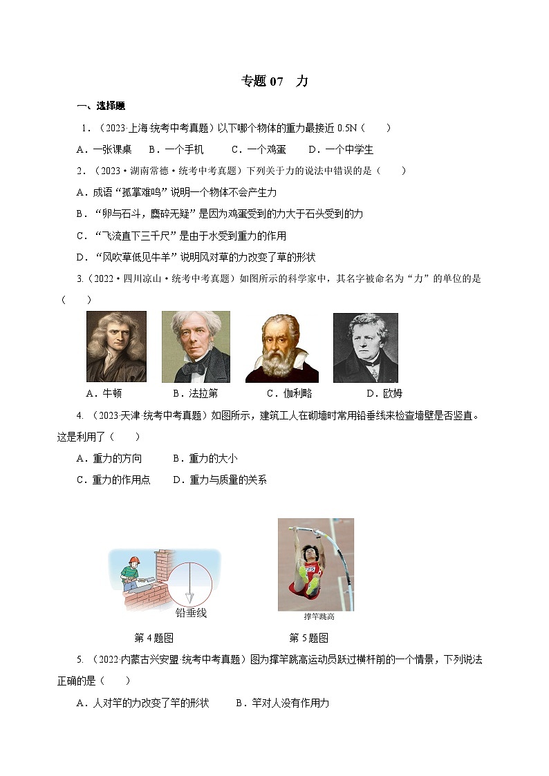 2025年中考物理一轮复习讲与练专题07 力（真题训练）（解析版）01