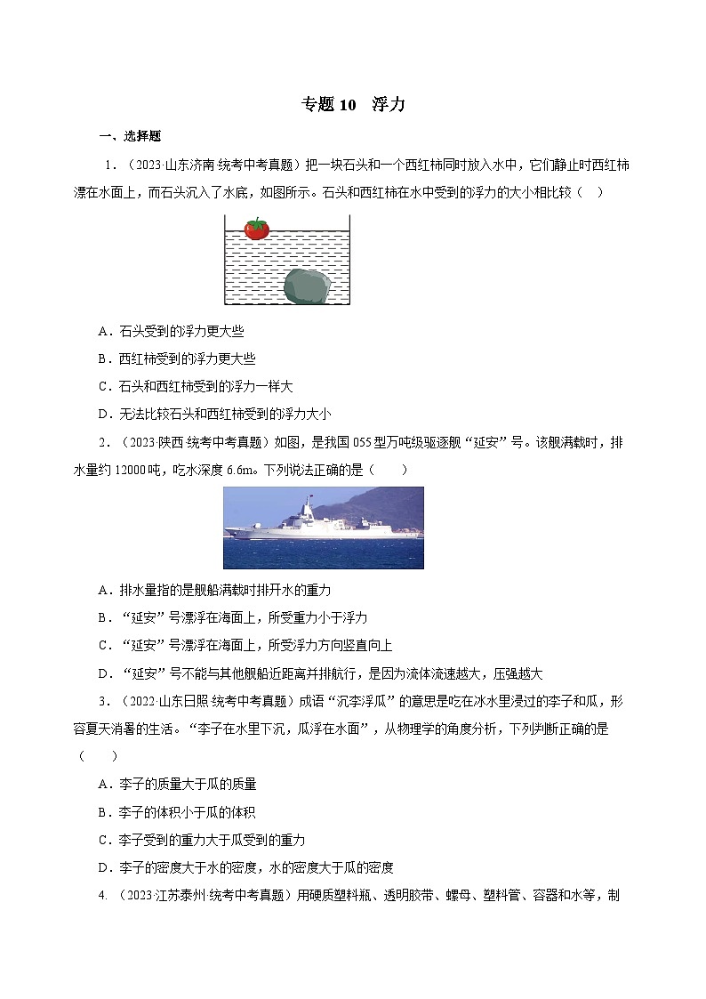 2025年中考物理一轮复习讲与练专题10 浮力（真题训练）（原卷版）第1页