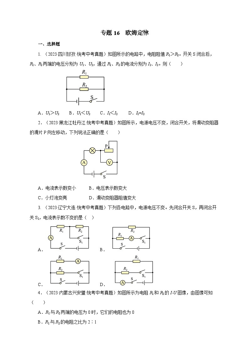 2025年中考物理一轮复习讲与练专题16 欧姆定律（真题训练）（解析版）01